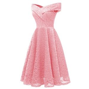 Pink Vintage Off Shoulder Lace A Line Dress